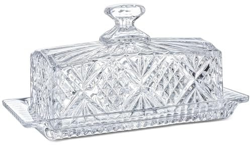 HDCRYSTALGIFTS Mantequera cubierta de cristal, 8 pulgadas, diseño clásico de 2 piezas con tapa, soporte para mantequilla, apto para lavavajillas