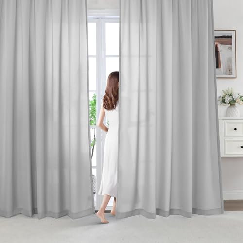BellaHills 2er Grau Sheer Voile Vorhang mit Ösen Transparent Gardine aus Voile Polyester Ösenschal Wohnzimmer Dekoschal für Schlafzimmer H230xB140cm