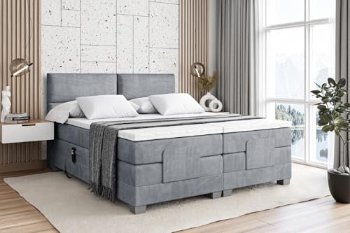 ALTDECOR Boxspringbett elektrisch verstellbar mit 2 Matratzen H4/Taschenfederung + Topper (4 cm hoch), Polsterbett mit Kopfteil, Bett, Doppelbett Maya EL 200 x 200 Grau Casablanca