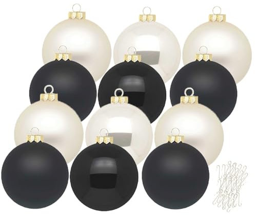 Inge Glas große Weihnachtskugeln mit Haken | Christbaumkugeln aus Glas | Set 12 Kugeln 8cm groß und 40 Aufhänger | Christbaumschmuck Weihnachtsbaumkugeln (Moonlight Shadow | schwarz beige)