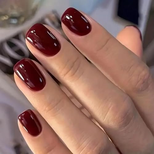 JUSTOTRY 24 Pcs Burgundy False Nails Short Pattern,Dark Red Solid Square Press on Nails,Glossy Fake Nails Medium for Nail Art,French Squoval Stick on Nail for Women Gifts