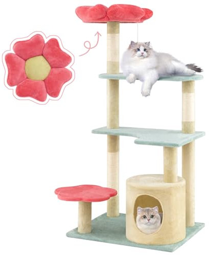 GYMAX Cat Tree, Multi-Level Cat Tower with Sisal Scratching Posts, Condo, Flower-Shaped Padded Perch, Hanging Toys, Platforms, Kitty Activity Center for Indoor Cats (123cm Tall)