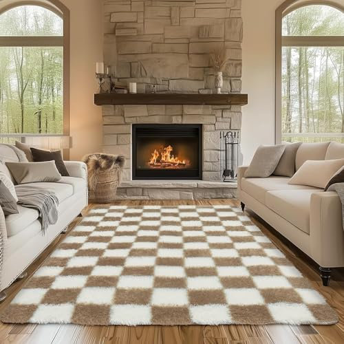 Sour Lemon Tapis à carreaux pour salon, 160 x 230 cm, beige et blanc, pour chambre à coucher, lavable, antidérapant, extra large et moelleux, pour chambre d'enfant, dortoir