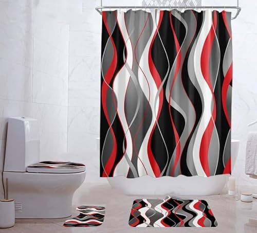 Lot de 4 rideaux de douche modernes avec tapis Motif vague Bleu Noir Gris Blanc (rouge)