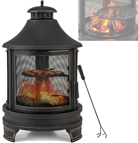Outdoor Feuerstelle mit BBQ Grill und Kamin, Holzofen für Hinterhof, Garten, Terrasse mit Funkenschutz