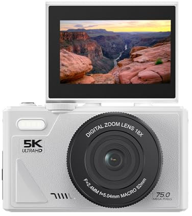 VBESTLIFE Cámara Digital de 5k, Cámara de Vlogging WiFi 75MP para Youtube, Cámara de Video de Viaje Compacto de Enfoque Automático 3 Pantalla de 180 ° con Zoom de 18x (White)