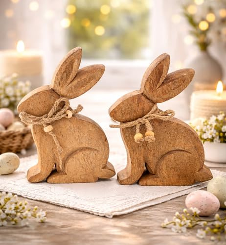 KAMACA 2er Set Dekohasen aus Mangoholz 20 cm – Handgefertigte Holz Osterhasen mit Jutekordel & Perlen, Natürliche Frühlingsdeko für Tisch, Regal & Fensterbank