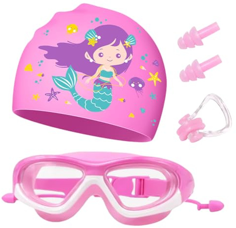 WFKKMEQ Gorros de Natación para Niños, Sombrero de Natación con Gafas de Natacións Tapones Oidos Pinza Nariz Silicona Gorro Piscina Elástico Gorros de Bañ para Niños Niña