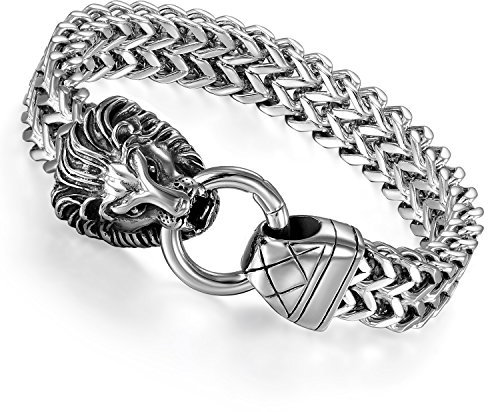 Flongo Herren-Armband Männer Armband Groß Panzerkette, Breit Edelstahl Armband Cuban Curb Kette Fahrradkette Silber Löwe Kopf Löwenkopf Motorradfahrer Biker Herren-Accessoires