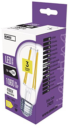 EMOS Filament LED Lampe A60, 7W Ersatz für 75W, Edison LED-Birne mit E27 Sockel und Helligkeit 1060lm, Neutralweiß 4000 K, 25000 St. Lebensdauer, CRI>80, 320° Abstrahlwinkel