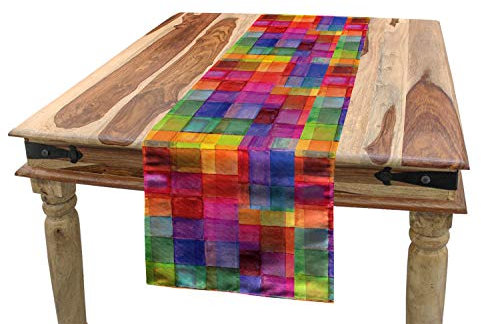ABAKUHAUS Abstrakt Tischläufer, Regenbogen-Farben-Quadrate, Esszimmer Küche Rechteckiger Dekorativer Tischläufer, 40 x 300 cm, Rot Rosa