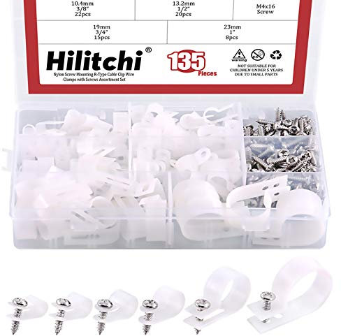 Hilitchi 135 Pcs 6 Sizes White Plastic Cable Clamp R Type Screw Mounting Cord Fastener Cable Clips Assortment Kit with Screws for Wire Management Cable Conduit (Clips from 6mm to 23mm)