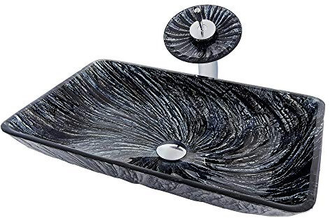 HomeLava Vasque à Poser Rectangulaire en Verre Trempé Lavabo Lave-Mains Évier pour Salle de Bain WC avec robinet cascade noir, 46x33x10cm /57x37x11cm