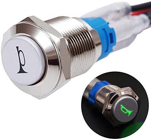 mxuteuk 16MM Raised Speaker Horn Momentary Push Button Schalter 5/8 Montageloch 12V Grün LED-Licht Silber Edelstahlgehäuse 1NO 1NC SPDT, Autoschalter mit vorverdrahtet Für Auto Modification G16LB-G