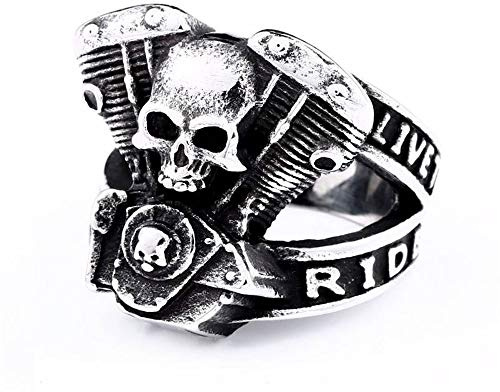 BlackAmazement 316L Edelstahl Ring Live to Ride Ghost Rider Totenkopf Zylinder V Motor Skull Silber Schwarz Biker Herren