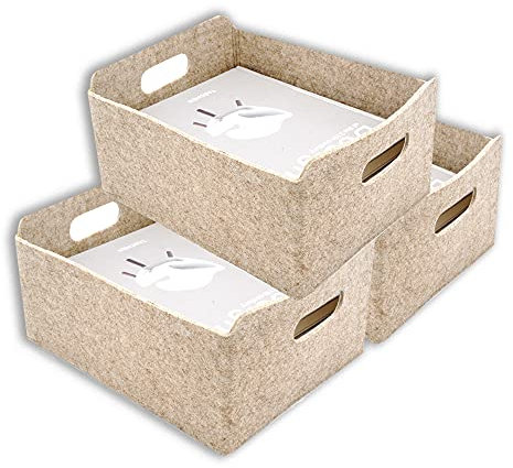 Welaxy Storage Baskets Felt Foldable Storage Cube bin Shelf Bins Organizer Felt Box for for Kids Toys Magazine Books Clothes for Office Bedroom Closet Babies Nursery Laundry organizing (Oatmeal x 3)