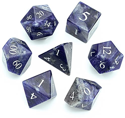 World of Dice - Blue Dream Edition - edles Würfelset aus echtem Schmuckstein, 7-teiliges Würfelset für RPG, Pen and Paper, DND, DSA, D4 bis D20