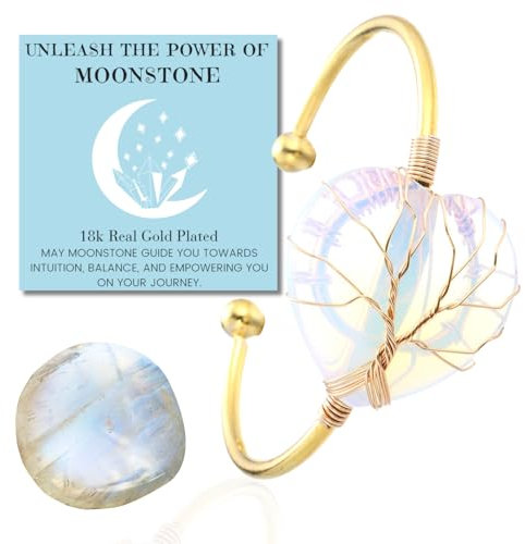 HALUKAKAH Bracciale in Pietra di Luna - LUNA AMORE - Filo Avvolgente Albero della Vita Placcato in Oro 18k Fatto a Mano,Ciondolo in Forma di Cuore in Cristallo Naturale Misura Regolabile