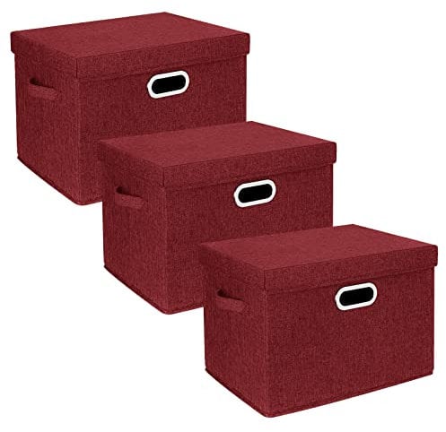 TYEERS Large Storage Box with Lid, Collapsible, Washable, Fabric Storage Box for Clothes, Wardrobe Storage, 44x30x29 cm, Set of 3, Red Wine