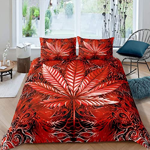 Loussiesd Cannabisblätter Bettbezug Set Marihuana Blatt Bettwäsche Psychedelisches Marihuana Unkraut Bettwäsche Set 155x220cm Trippy Hanf für Kinder Erwachsene mit 1 Kissenbezug,Rot