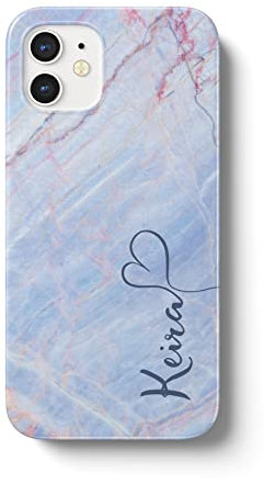 iCaseDesigner Personalised Marble Glitter Flowing Name with Heart Phone Case Compatible with iPhone 13-23. Baby Blue and Pink Marble Streaks Vertical Name