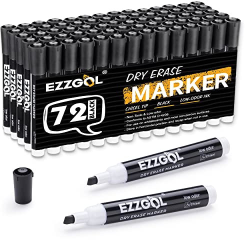 Ezzgol Dry Erase Markers Bulk, 72 Pack Black Low Odor Whiteboard Markers, Chisel Tip Dry Erase Markers Perfect for Writing on Dry Erase Whiteboard Mirror Glass for School, Office or Home