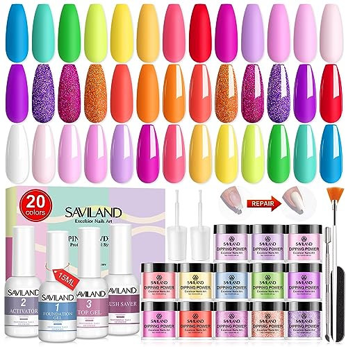 Saviland 29 Stück Dipping Powder Nails Starterset: 20 Farben Dipping Acryl Pulver mit Dip Base Top Coats Activator Brush Saver Dip Chrome Nail Powder French Nailart Salon Geschenk für Mädchen Frauen