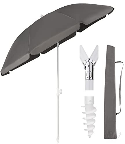 Sekey 1.6m Beach Umbrella with Ground Spike & Umbrella Cover, Stable Parasol with Eight Ribs for Balcony, Garden & Patio. Tilt Angle and Height Adjustable, Round Sun Protection UPF 50+, Dark Gray