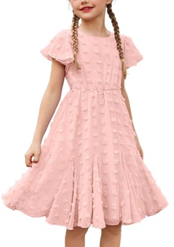 Flypigs Vestito da Ragazza per Ragazze Swiss DOT Ruffle Manica Corta Twirly Abiti Carini per Bambini 7-8 Anni Rosa