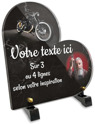 OCAP-FUNERAIRE.COM Plaque funéraire Coeur avec Photo Personnalisable en plexi Motif Moto Custom, différentes Tailles, épaisseur 6mm, personnalisée sur Plusieurs Lignes 15x15 cm