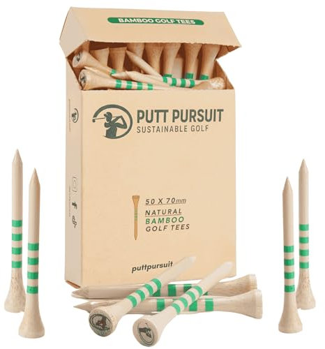 Golf Tees - 7cm/ 70mm Bamboo Golf Tee - Biodegradable Golf Tees Wooden - Strong, Sustainable Bamboo Tees - Golf Gifts for Men - Golf accessories for men - 50 Pack Tee in Natural Colour & Green Stripes