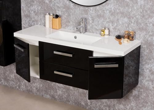 Quentis Badmöbel Genua 120 cm, Waschbecken und Unterschrank, Waschtischunterbau montiert (schwarz glänzend)