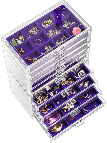 ProCase Acryl Schmuck Organizer Schmuckschatulle für Damen Durchsichtige Schmuckaufbewahrung Schmuckkästchen Schmuckbox mit 10 Schubladen für Ohrringe, Ringe, Armbänder -Lila