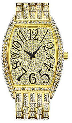 ICEDIAMOND 42MM Iced Out Tank Persenning Gehäuseform Klassische Armbanduhr, Full Bling CZ Diamant Quarz Stilvolle Uhr Armreif für Männer Frauen (Gold)
