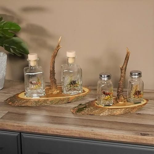 GTK Geweihe & Trophäen Krumholz Aceto + olio caraffe e sale + pepe – Set spargitore con motivo di caccia colorato su targhetta di acacia con asta di capriolo come manico #27.40.3.6