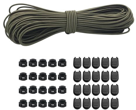 Cordoncino elastico in gomma da 30 m, 3 mm, elastico rotondo, con 20 cerniere lampo, 20 pezzi, doppio foro primavera per zaino, lacci (verde scuro, 3 mm x 30 m)