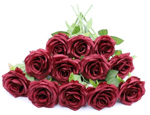 NEVISI Künstliche Rosen, 12 Stück, Burgunderrosen, Seidenrosen, echt aussehende Kunstblumen mit Stielen für selbstgemachte Hochzeitssträuße, Tische, Tafelaufsätze, Blumenarrangements,
