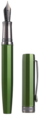 Hongdian N11 Fountain Pen, Titanium-Coated Black Extra Fine Soft Nib, Grass Green & Octagonal Geometric Design with Metal Case Set