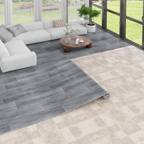 Oxdigi PVC-Boden Holzoptik Vinylboden für Wohnzimmer, Küche, Balkon, Wohnwagen, Abstellraum, Zuschneidbar Vinyl-Fußböden Wasserdichter Fußbodenbelag Dunkelgrau