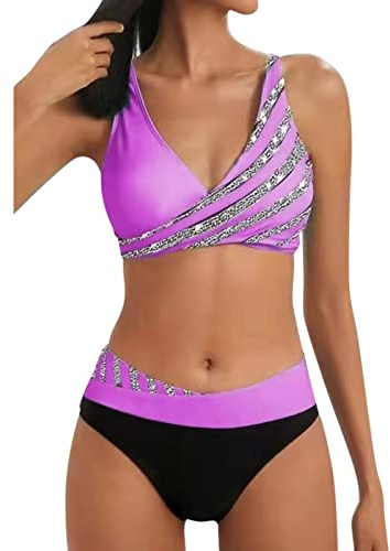 Damen Zweiteiliger Badeanzug V Ausschnitt Bademode Bauchkontrolle High Waist Bikini Sets Push Up Strandbikini Triangel Breites Swimsuit