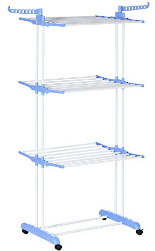 HOMCOM Tendedero Plegable para Ropa con Ruedas Tendedero Vertical de Acero Tipo Torre de 3 Niveles con Alas Plegables y Colgadores Giratorios Carga 70 kg 73x64x177 cm Azul y Blanco