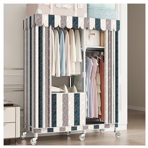 ZCFLWR Tragbarer Stoffschrank zum Aufhängen von Kleidung mit Deckel, Metallgarderobe mit 360°-Rädern, mit 2 Hängestangen und 2 Ablageflächen für Schlafzimmer (Farbe: gestreift, Größe: 102 x 45 x 17