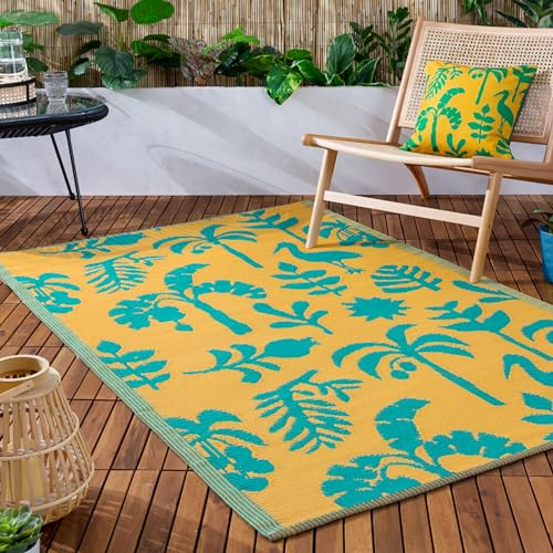 furn. Marula Rug – Indoor/Outdoor Woven Botanical Tropical Birds Weather Resistant Easy Clean Lightweight Rug (Yellow/Teal - 120x180cm)