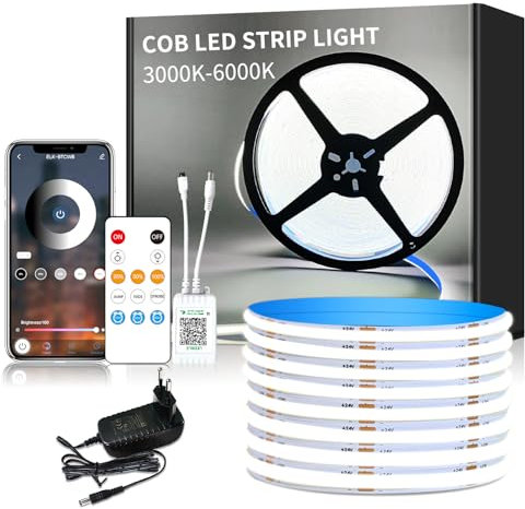 Yeewhale cob Led strip 5m,APP Steuerung,mit Fernbedienung,flexible Dimmbar COB LED Streifen, DC24V 6000k Weiß LED band, anwendbar auf Schlafzimmer, Raum,DIY Dekoration