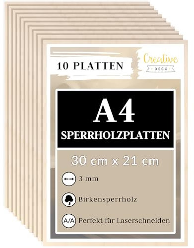 Creative Deco 10 x A4 Sperrholzplatte 3mm | 300 x 210 mm | Birkensperrholz Laserfähig Dünne Holz-Zuschnitte | Perfektes Blatt für Lasergravur, Laserschneiden, Laubsäge, Brandmalerei, CNC Router