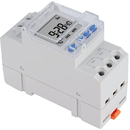 Interruptor Temporizador, Hora Analógica Programable, Montaje en Riel DIN, Inteligente con Retroiluminación LCD, Carcasa de ABS, Funciona con Baterías, Carga 16A, para