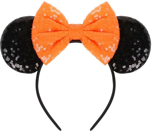 WOVOWOVO Halloween Mouse Ears Headbands for Women Orange Bow Mouse ear Headband Sequin Hairbands Party Princess Cosplay Costume Hair Accessories