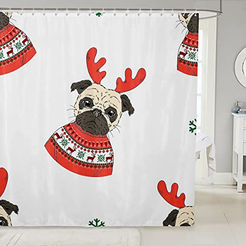 JUZGTSIT Duschvorhang mit niedlichem Mops-Motiv, Cartoon-Tier-Thema, Duschvorhang für Kinder, Jungen, Mädchen, Kinder, Kawaii, Weihnachten, Mops, Welpe, Duschvorhang mit Haken, schöner Haustier-Hund,
