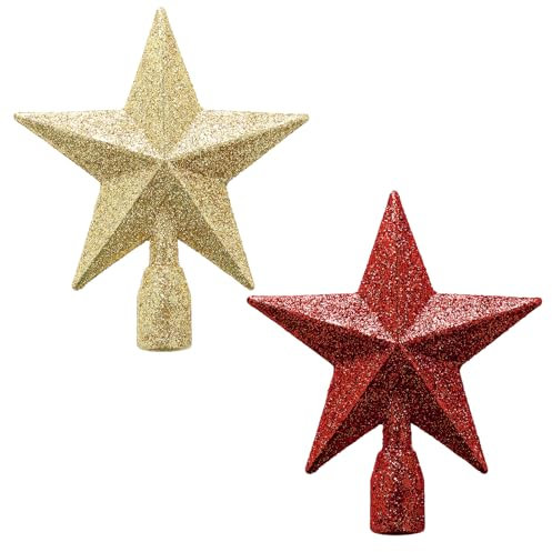 WLLHYF 2er-Pack Weihnachtsbaumspitze Glitzernder Mini-Stern 4 Inch Dekorative Feiertage Kleine Baumkronen-Kunststoffornamente für Weihnachten Heimdekoration Geburtstagsfeier (Gold/Rot)