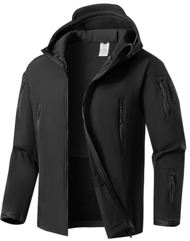 WINKEEY Giacca da Uomo Giacca Softshell con Cappuccio Autunno Invernale Giacca esterna impermeabile e antivento foderata in pile caldo,nero L